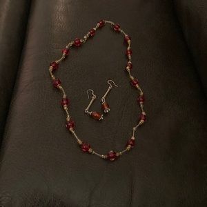 12” handmade metal & glass beaded necklace & earrings set